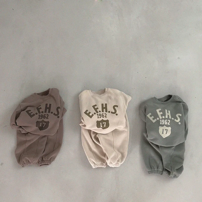 2024 Winter New Children Letter Print Fleece Sweatshirt + Sweat Pants 2pcs Suit Boys Girls Thick Warm Sports Set Kids Outfits