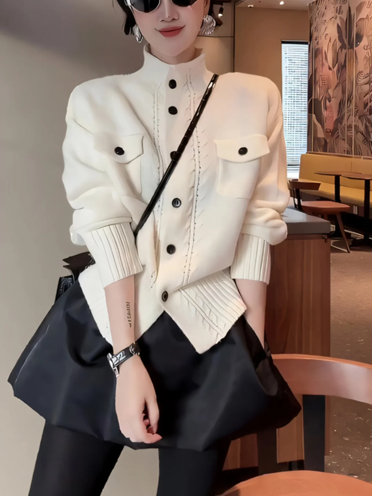 

Autumn Winter New Style Commute Loose Knitted Cardigan Women's Fashion Single Button Stand Collar off White Long Sleeve Woolen