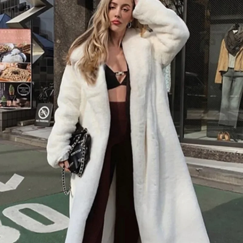 2025 New Female Autumn Winter Plush Thick Warm Overcoat Women Imitation Rabbit Fur Coat Loose Lapel Long Styles Commute Jacket