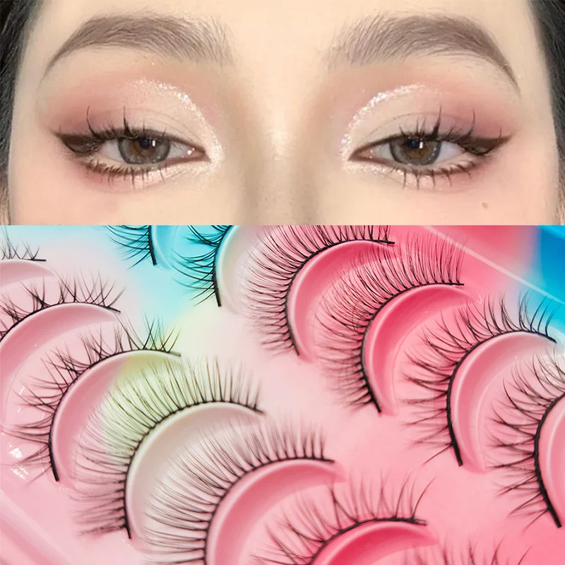 Natürliche Wimpern, 5/10 Paar, 3D-Manga-Wimpern, natürliche kurze Manga-Wimpern mit vollem Streifen, klares Band, weiches Licht, natürliche Anime-Wimpern – Detail 3