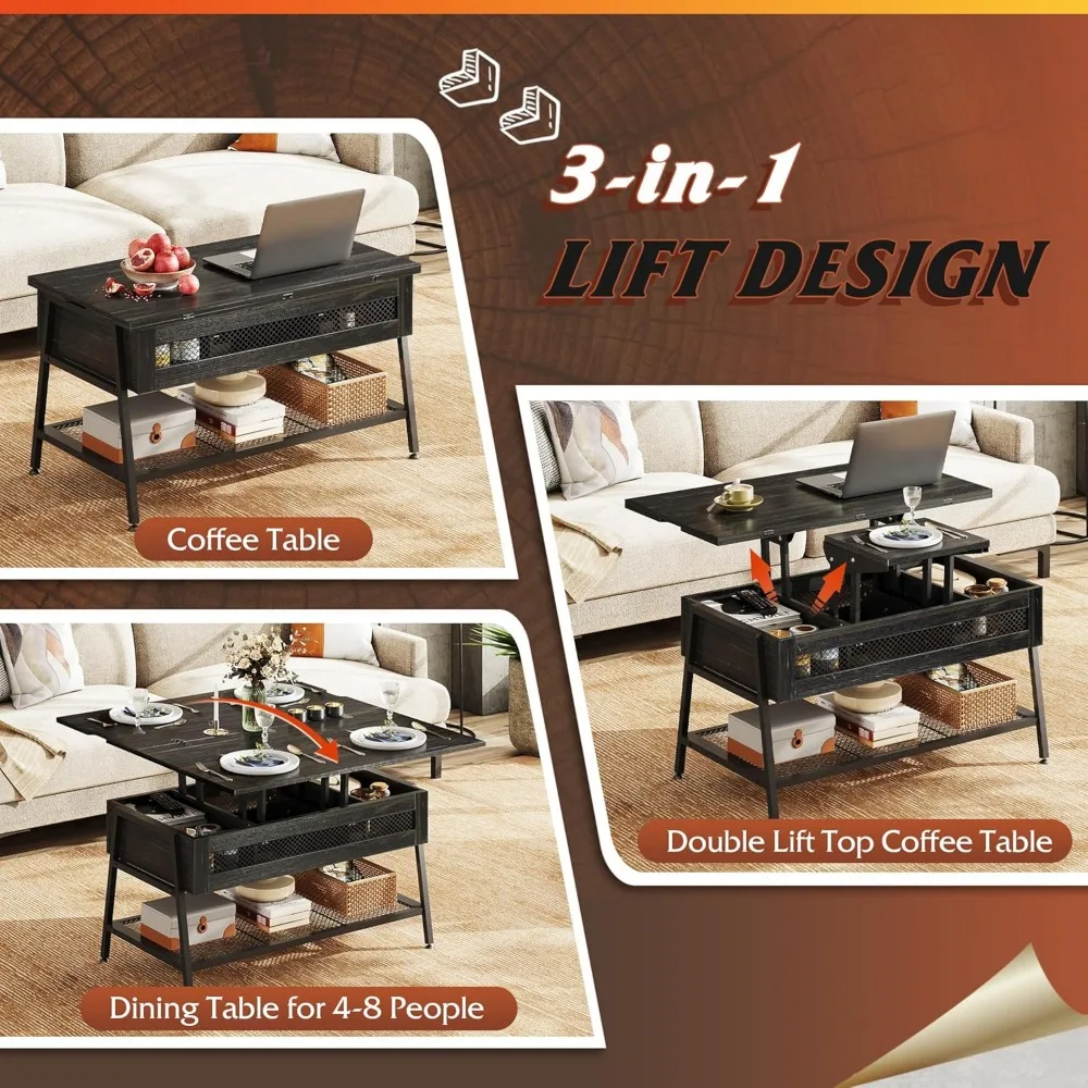 Lift Top Coffee Table, 3 in 1 Coffee Table with Hidden Compartment, Multi-Function Coffee Table Converts to Dining Table for