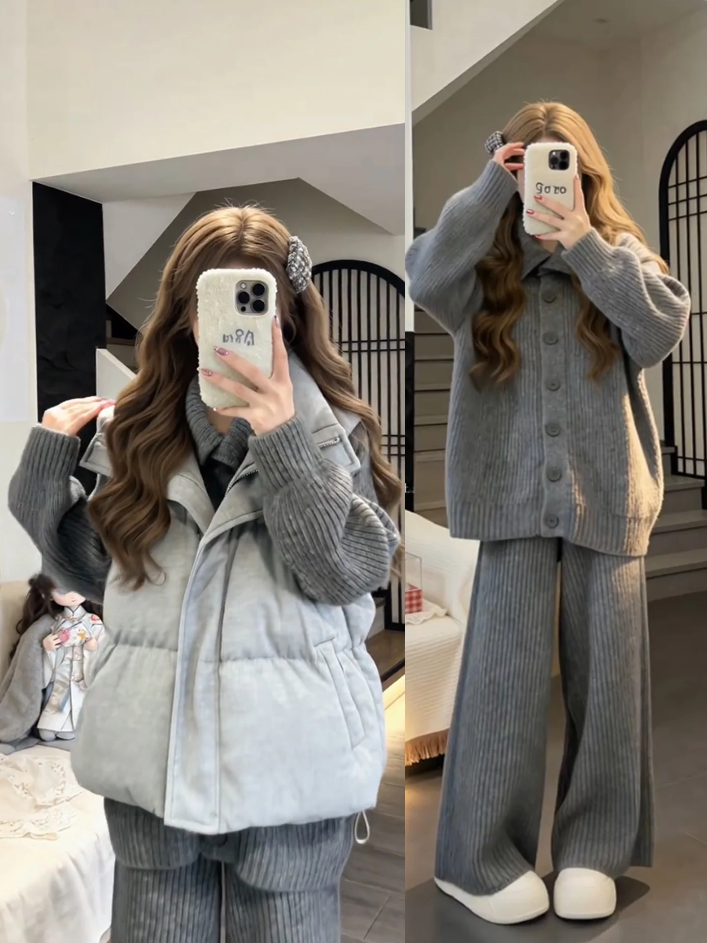 

Loose Fit Winter Faion Set for Women High Waist Pants Long Sve Knitted Vest Casual Pants Korean Sle Tee Piece Set