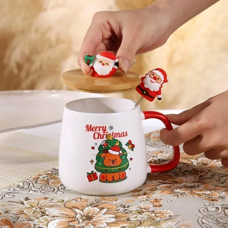 Practical Ceramic Coffee Mug Gift Set with Lid Spoon Premium Christmas Holiday Gift Cartoon Santa Claus Creative Idea Gift Box