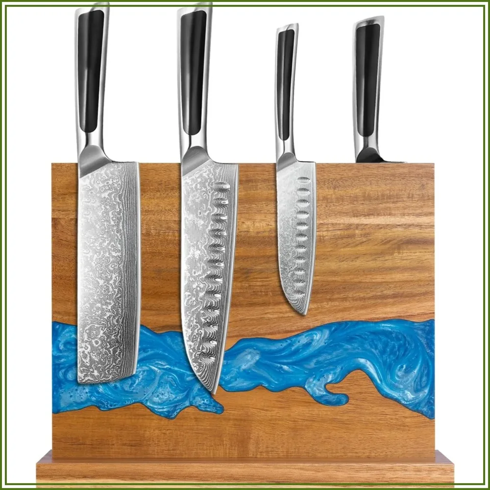 

Acacia Wood Magnetic Knife Block, Double-Sided Magnetic Knife Holder, Blue Resin River, 12.59x9.84 inches