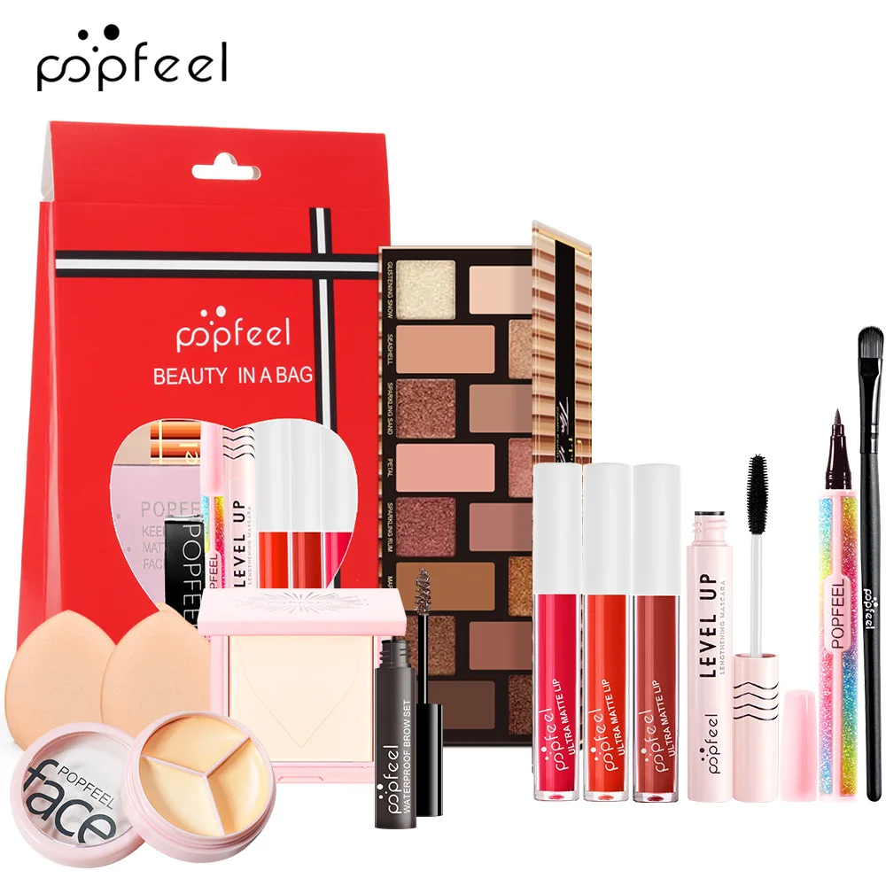 12 ชิ้นแต่งหน้าชุดผู้หญิงเครื่องสําอางค์ชุดเดินทางอายแชโดว์ Palette ลิปกลอสคอนซีลเลอร์ Eyebrow Powder มาสคาร่าอายไลเนอร์แปรงแต่งหน้า