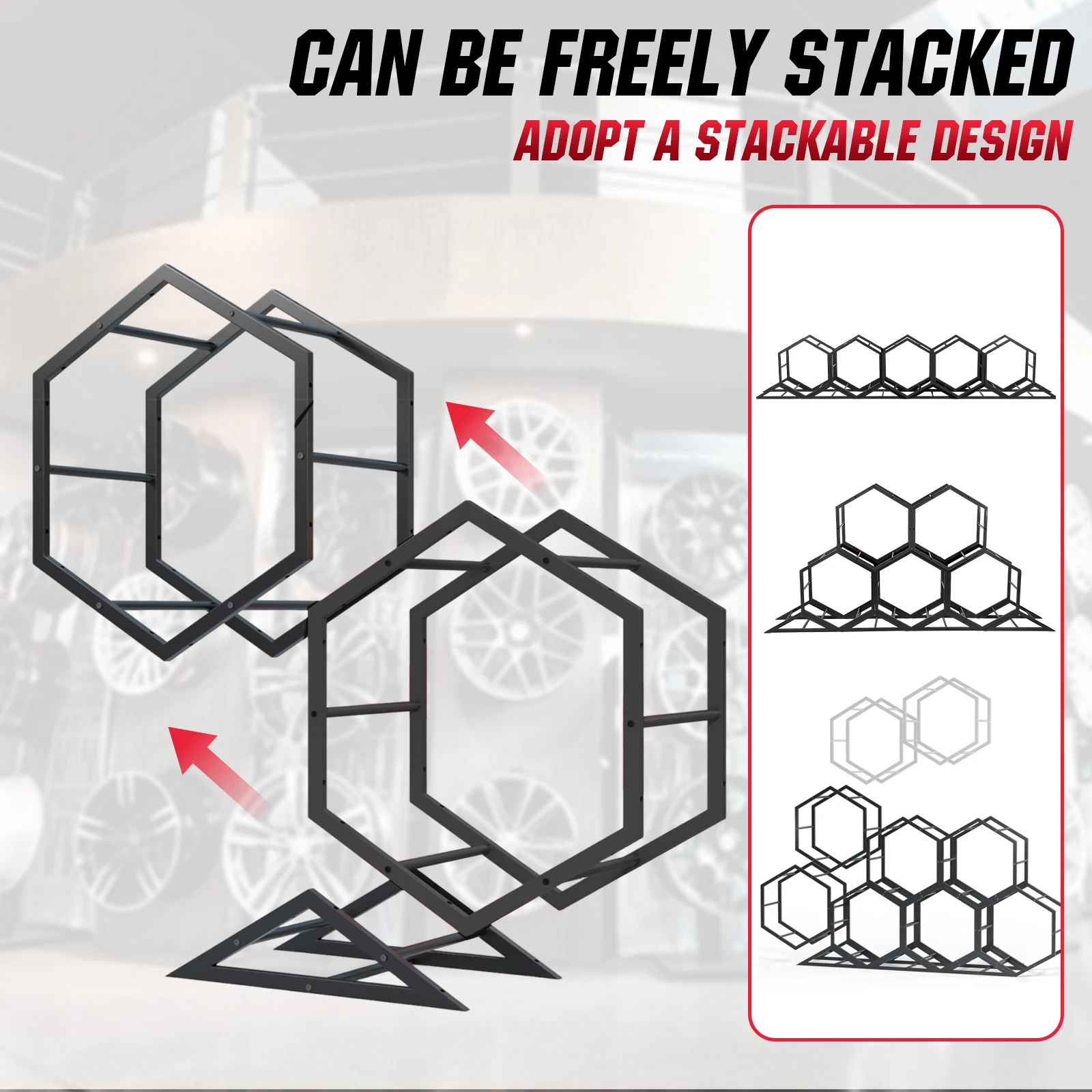 

Adjustable Wall Mount Wheel Display Rack Heavy Duty Triangle Hexagon Small Tire Display Rack for Exhibition Shop Trade Show