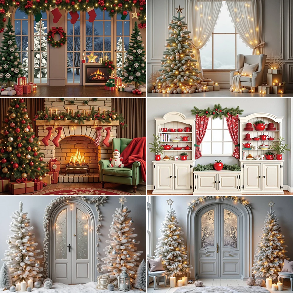 

MOON.QG 2025 Christmas Photography Background Arch Window Fireplace Wooden Door Photocall Backdrop Child Studio Photobooth Props