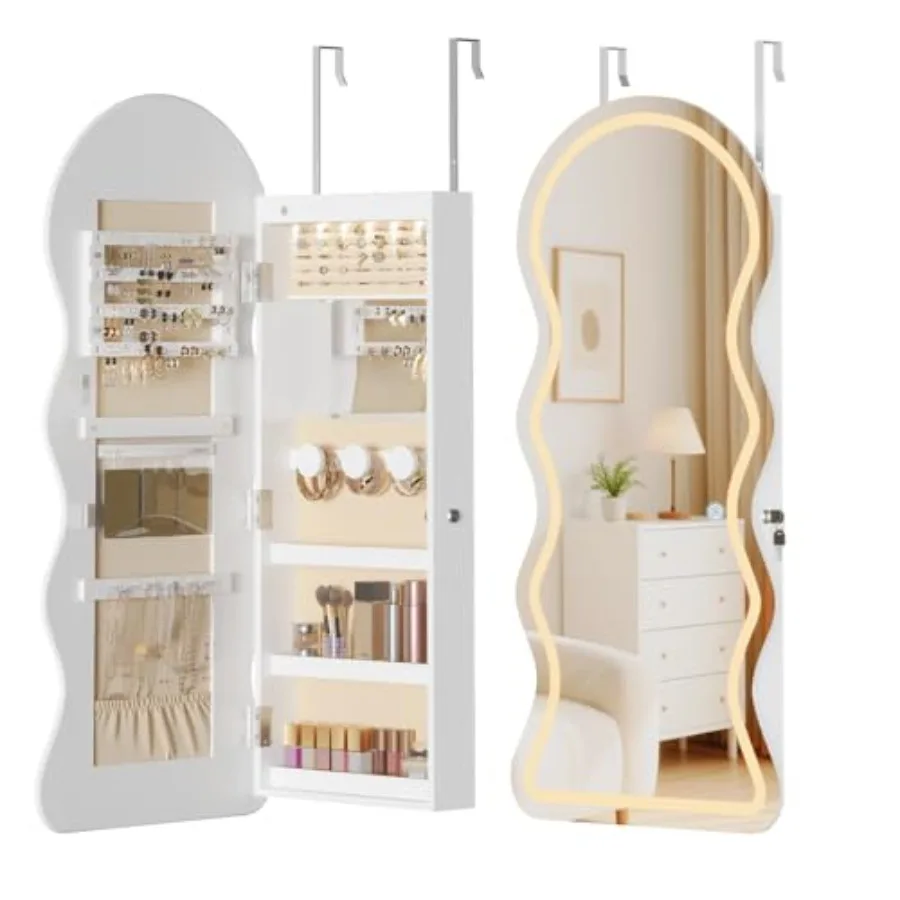 

LED Mirror Jewelry Cabinet Wall/Door Mounted Jewelry Organizer Jewelry Aromire with Wavy Mirror Full Length Lockable Cosmetics