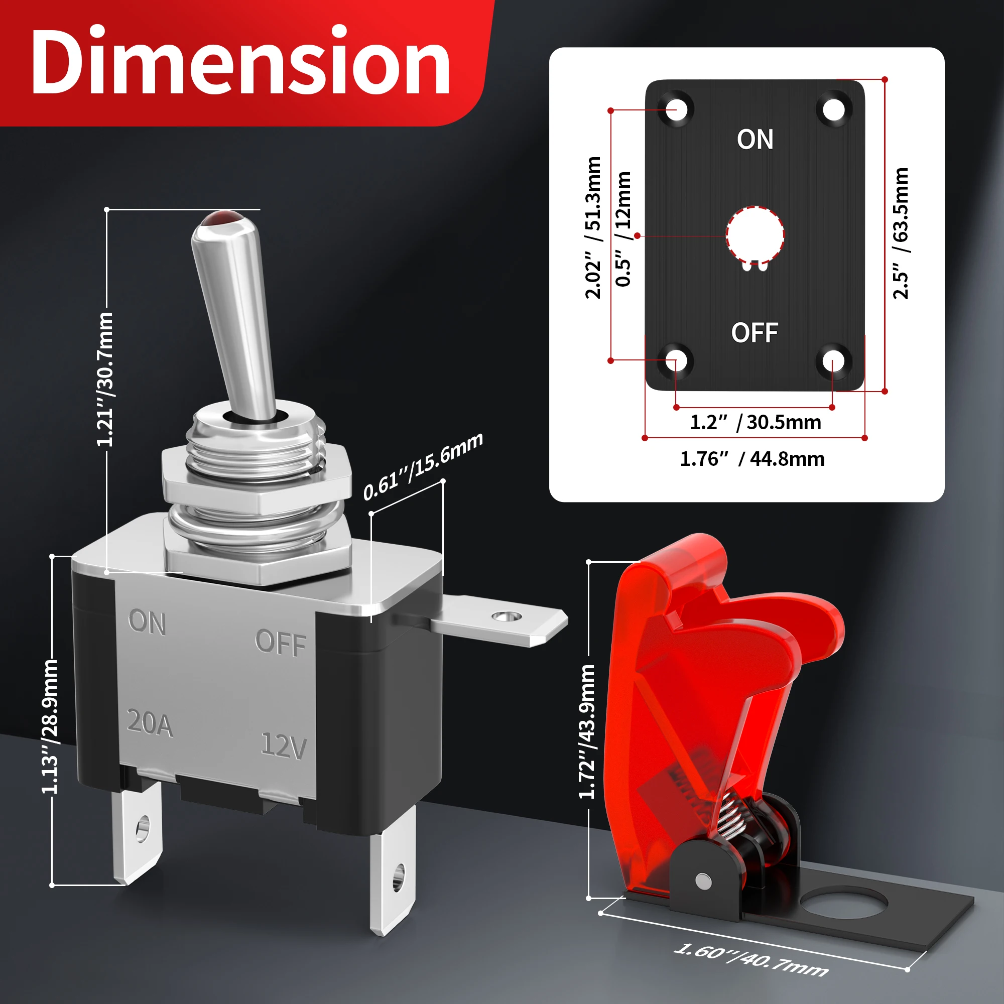 Toggle Switch 12V DC 20A Lighted Toggle Switch 3 Pin ON/Off SPST LED Illuminated with Mounting Panel Aircraft Safety Cover