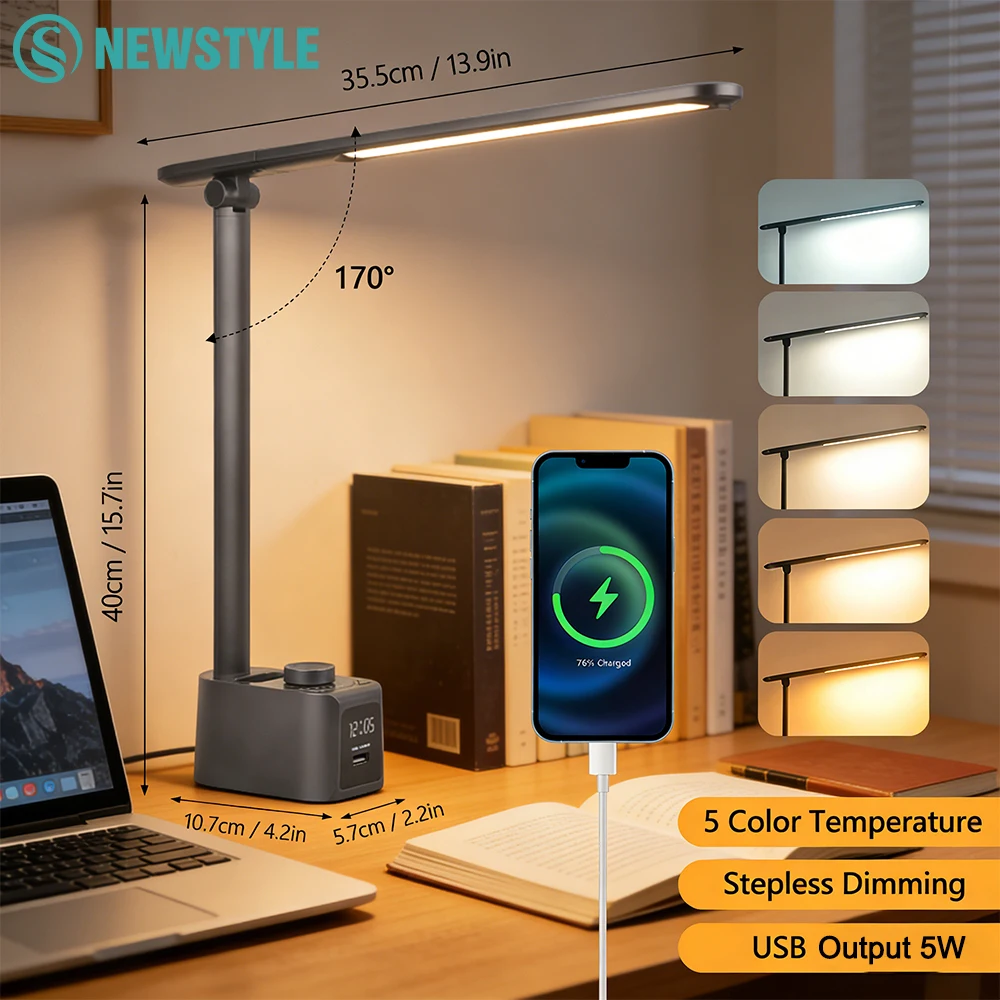 

LED Foldable Eye-Care Reading Desk Lamp with Stepless Dimming Time Display and USB Output Charging Table Lamp for Home Office