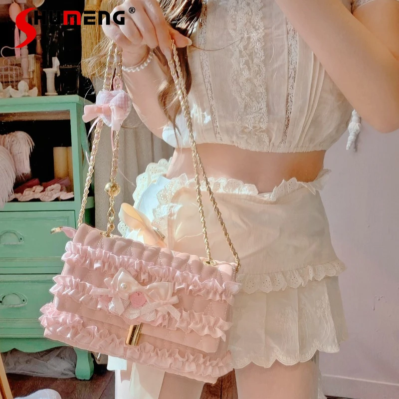 

Sweet Pink Handbag Shoulder Bag Lace Heart Chain Butterfly Pearl Crossbody Bag Women's Shopping Bags Japanese Lolita Y2k Bags