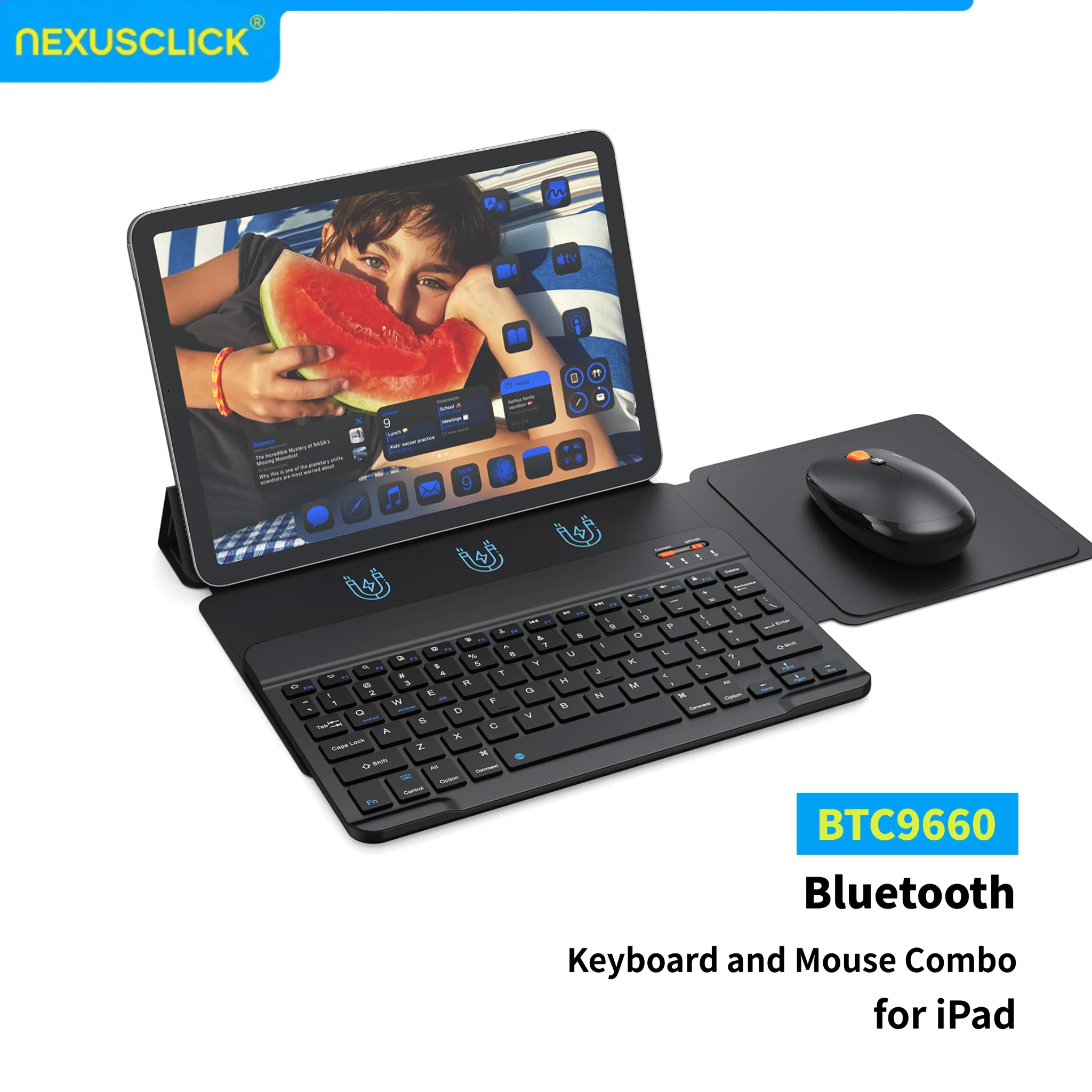

Комплект Bluetooth-клавиатуры и мыши NexusClick для iPad, тонкий мультисистемный магнитный складной чехол, бесшумная мышь с быстрой зарядкой Type-C, 3 DPI