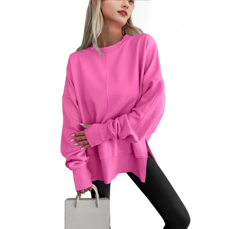 Popular European American Style Loose Sweatshirt with Side Slits Round Neck Bat Sleeves Velvet Top