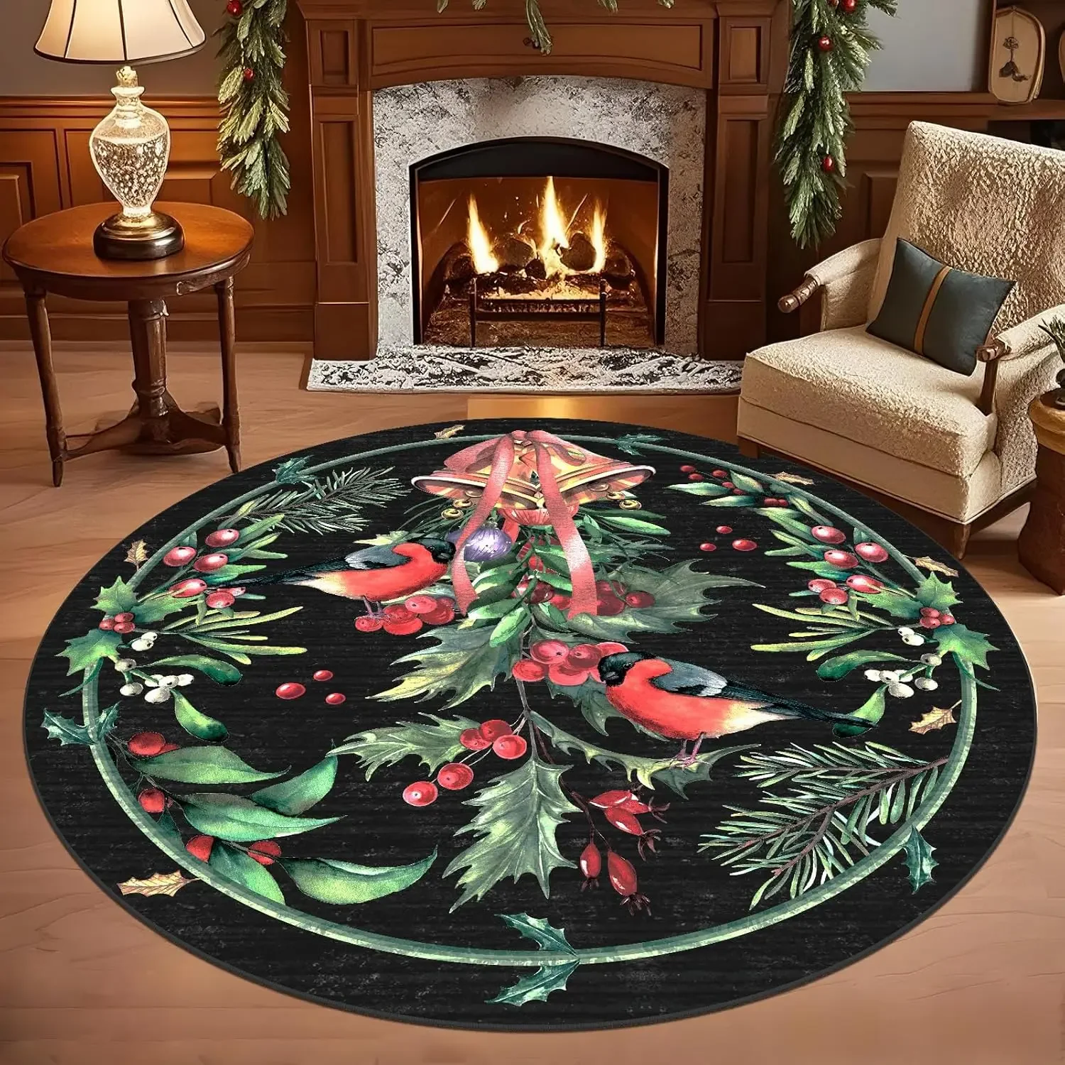 Christmas Bird Clock Pattern Carpet Mat - Living Room Home Decoration Anti Slip Circular Carpet Holly Printed Floor Mat