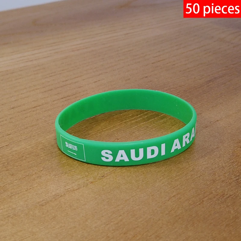 

Wholesale Customized 50pcs Saudi Arabia National Flag Wristband Sport Silicone Bracelet Rubber Band Fashion Accessory