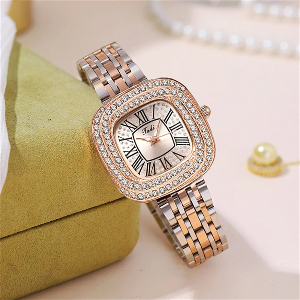 Luxury 2024 Simple Roman Square Full Star Diamonds Ladies Quartz Watch Business Stainless Steel Women\'s Dress Clock Wristwatch