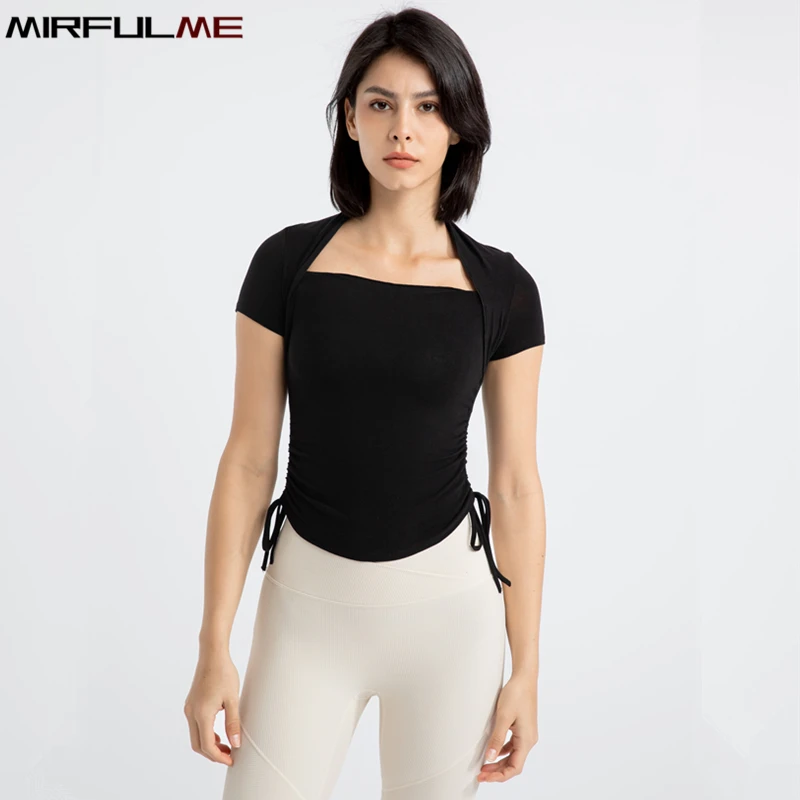 Summer Yoga Shirts Women Short Sleeve Sport T-Shirt Breathable Bandage Slim Running Shirt Fake Two Piece Gym Workout Fitness Top