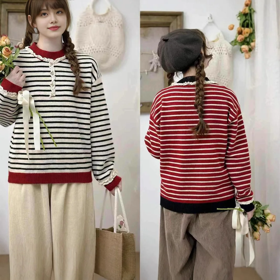 Japanese Sweet Mori Girl Striped Patchwork Knitted Pullover Sweaters Women Autumn Stand Collar Long Sleeve Casual Knitwear Tops