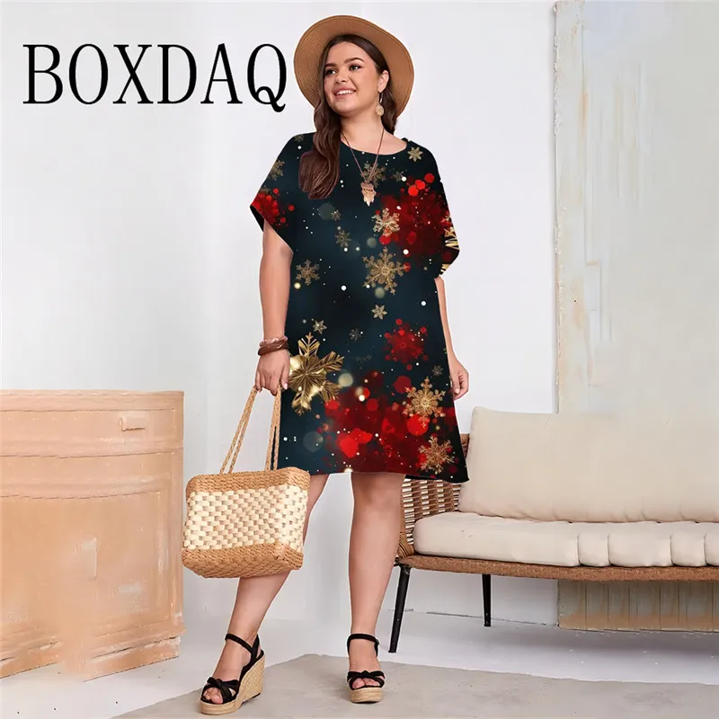 Plus Size Kerst Feestjurk Vrouwen Mode Abstracte Sprankelende Gradiënt Sneeuwvlok Patroon Print Casual Jurken Zomer Kleding