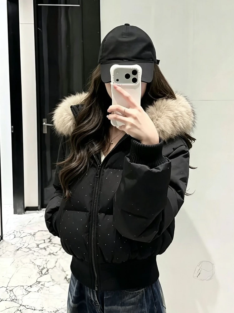 Korean Fashion Sweet Glitter Hooded Fur Trim Oversized Puffer Parka Women Thick Warm Winter Cropped Casual Streetwear Coat 2026
