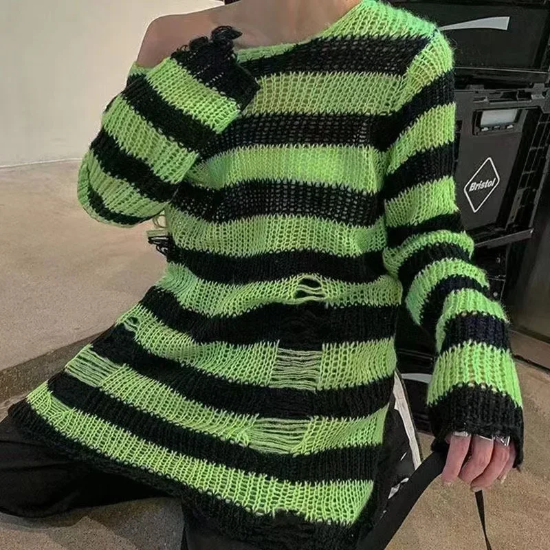 ZMZBCH Sexy Hollow Out Striped Long Sweaters Punk Gothic Cool Hole Broken Jumpers Over Size Loose Rock Dark Pullovers Sweaters