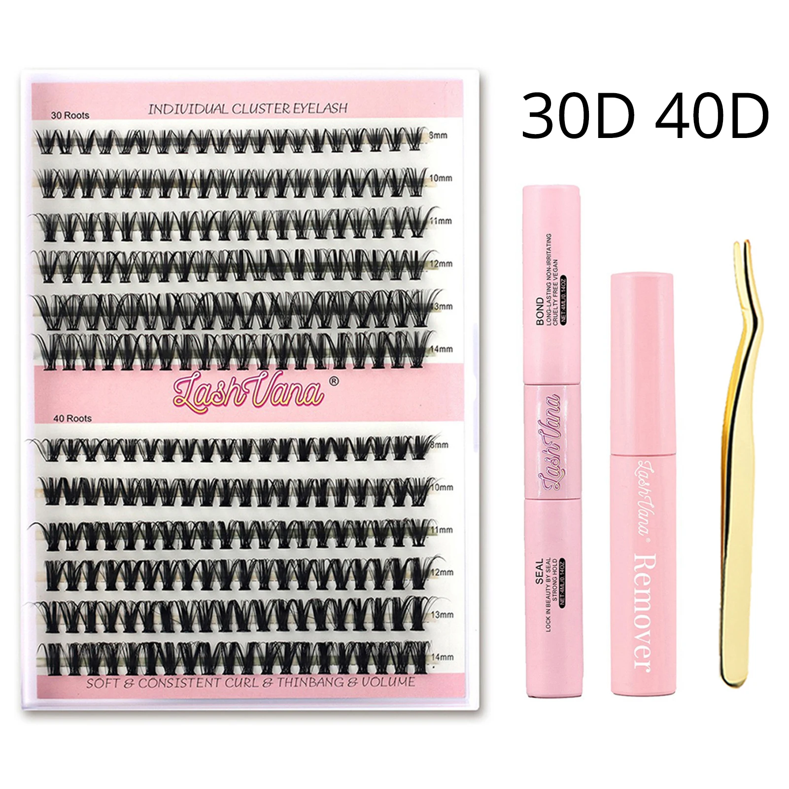 240 PCS Bond and Seal glue Eyelashes 30D 40D Clusters Lash DIY Lashes Extension kit 0.07mm D Curl gluing Lashes Makeup tools