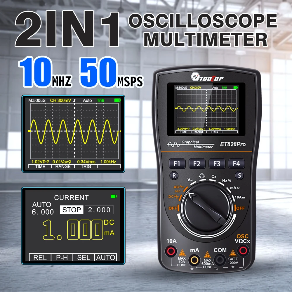 

TOOLTOP 10MHz 50Msps Digital Oscilloscope Multimeter Graphical 6000 Counts Signal Waveform Auto Capture Electrican Repair Tools