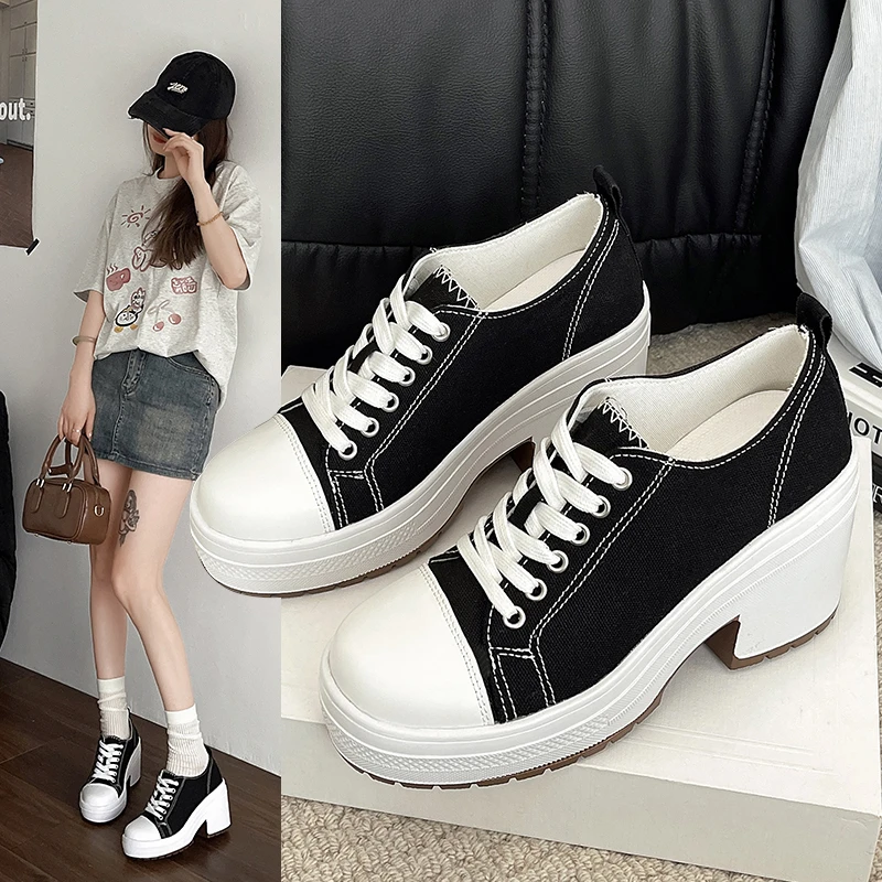 

High Heel Square Heel Fashion Sneakers Mixed Colors Sewing Ladies Shoes on Sale 2024 New Lace-up Spring Women's Vulcanize Shoes