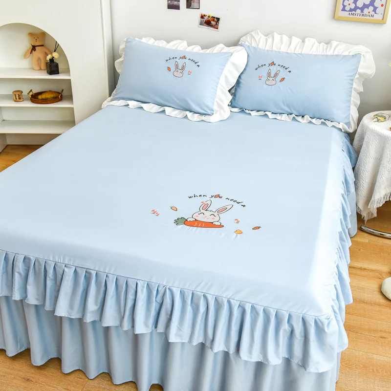 Solid Color Bed Skirt Cartoon Bunny Flowers Pattern Embroidery Wraparound Bedding Skirt, 17 Inch Drop Bedskirt with 2 Pillowcase