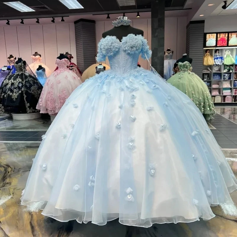 

Sky Blue Quinceanera Dresses Ball Gown 2024 Appliques Beaded 3DFlower Off Shoulder Tull Birthday Party Gown Vestidos De 15 Años