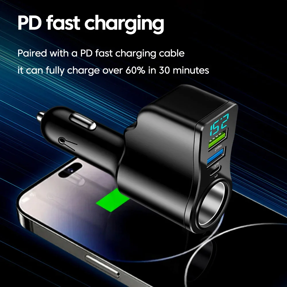 66W 4-Port Multifunktionaler Auto-Zigarettenanzünder-Netzadapter Dual USB PD Auto-Schnellladegerät für iPhone Huawei iPad
