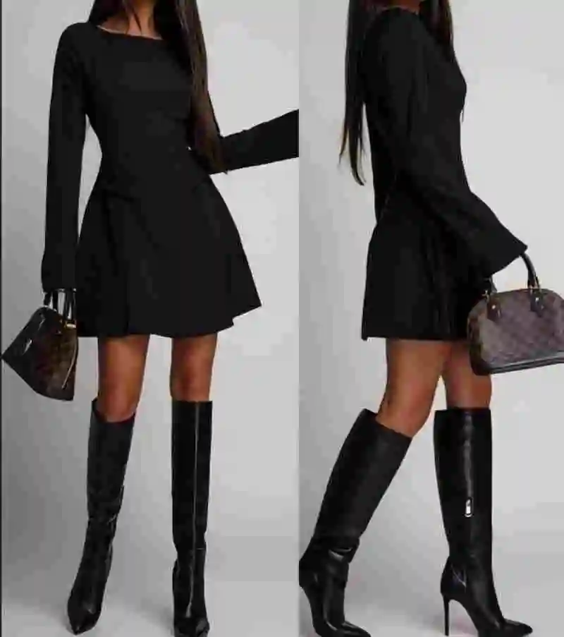 2026 Damen O-Ausschnitt Hochgeschnittenes Freizeitkleid für den Herbst, Elegantes Figurbetontes Langarm-Bürokleid, Sexy Kurzes Schwarzes Kleid