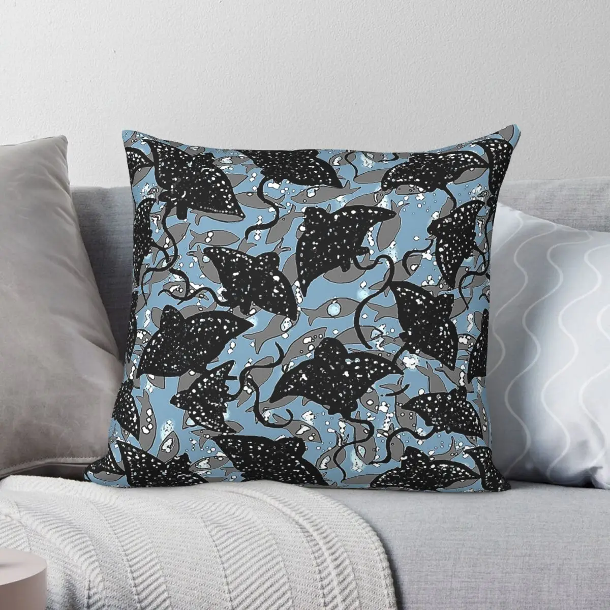 Black Spotted Eagle Ray Square Pillowcase Polyester Linen Velvet Pattern Zip Decor Home Cushion Case