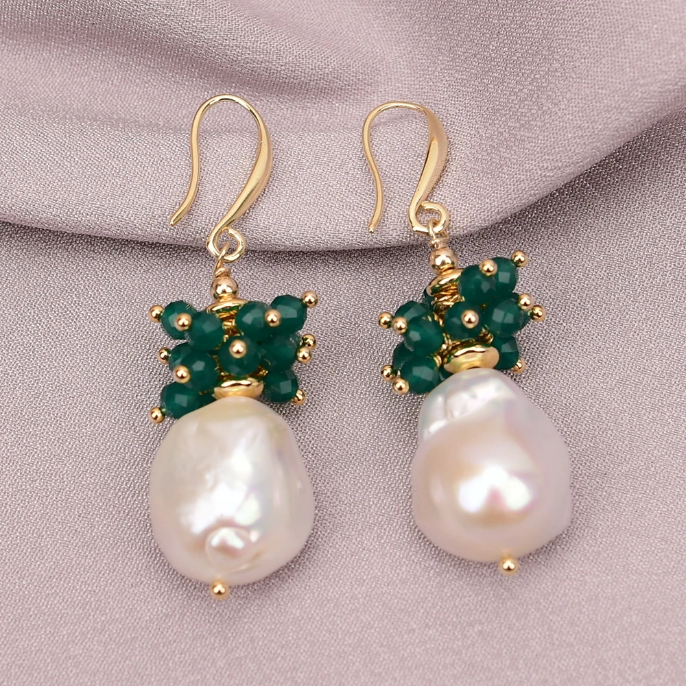 G-G Cultured White Baroque Pearl Green Aagtes Gold Color Hook Earrings For Lady