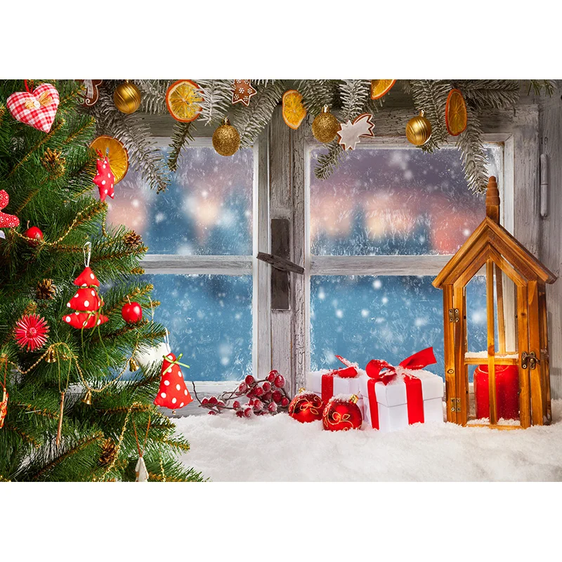 Arbre de Noël Présente Fleur Couronne Photographie Backrops Fenêtre Rose Maison Porte Travailleurs Nouvel An Photo Fond DRG-02