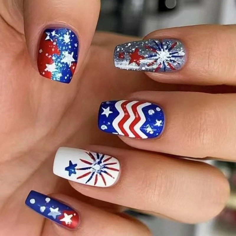 L8RD Square Press on 4th of July Fake Independence Day Glues on Patriotic False Full Cover Fake