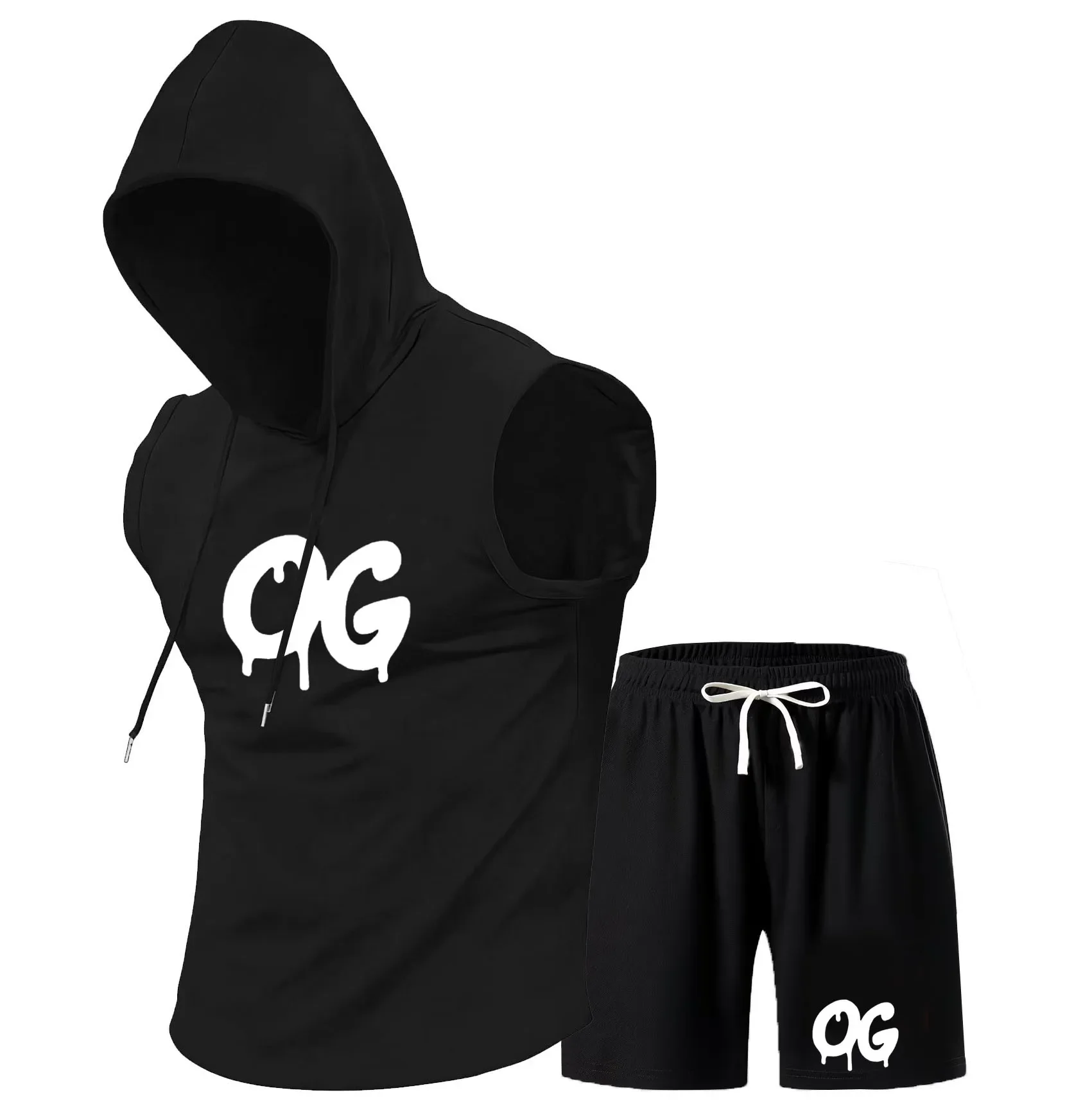 

Men's hooded vest set, sleeveless hooded T-shirt, vest and shorts set, summer sports outdoor sports and leisure GO