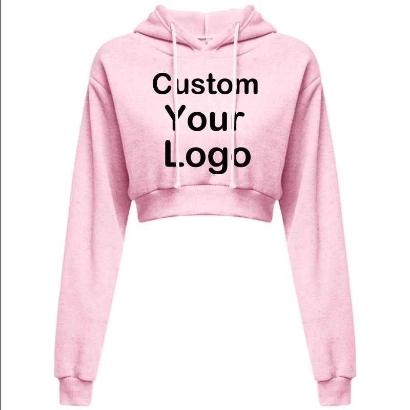 Customized Logo Print  Crop Hoodie Women Spring Autumn Pullovers Ladies Solid Color Drawstring Hooded Full Sleeve Sweatshirt