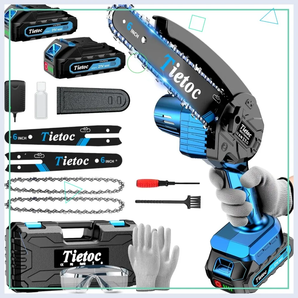 

6 Inch Cordless Chainsaw with 880W Power, Auto Oiler, 2 Batteries & Chains - Perfect Tree Trimmer Gardening Tool