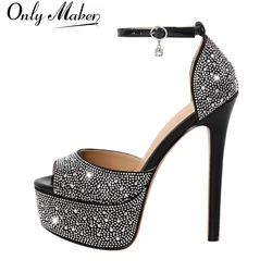 Onlymaker Women Peep Toe Rhinestone Platform Pumps Thin High Heel Party Wedding Slip On Shoes Big Size  Heels Shoes
