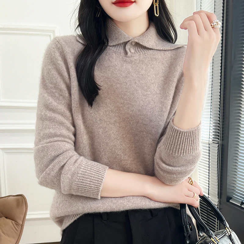 Fashion Thickened Turn-over Collar Woolen Cashmere Sweater 100% Merino Wool Pullover Long Sleeves Solid Color  Clothing Top