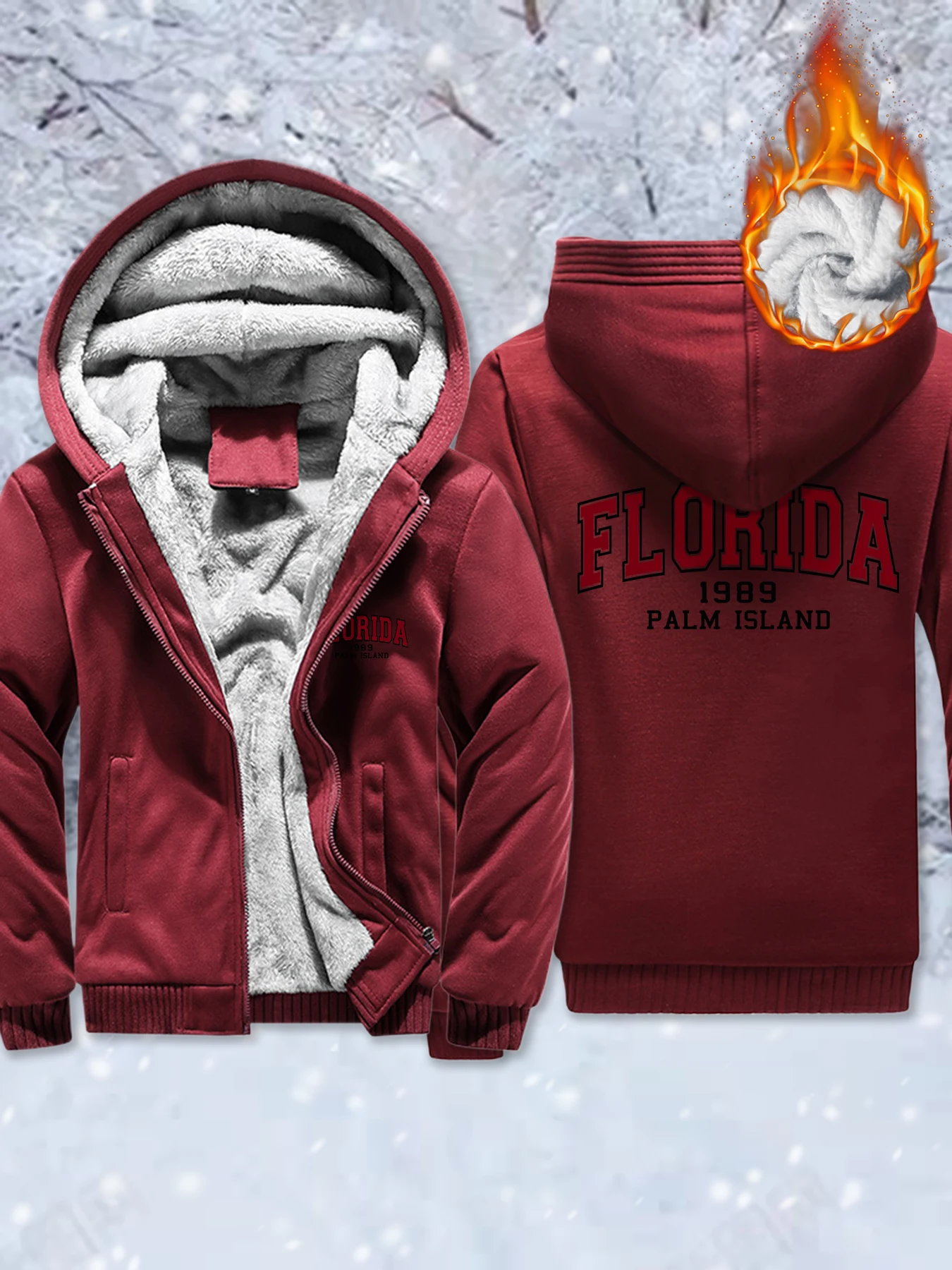 

Florida 1989 Palm Island Print Men Fleece Soft Jackets Thicken Warm Hoody Winter Fashion Streetwear Zip-Up Pocket Veste