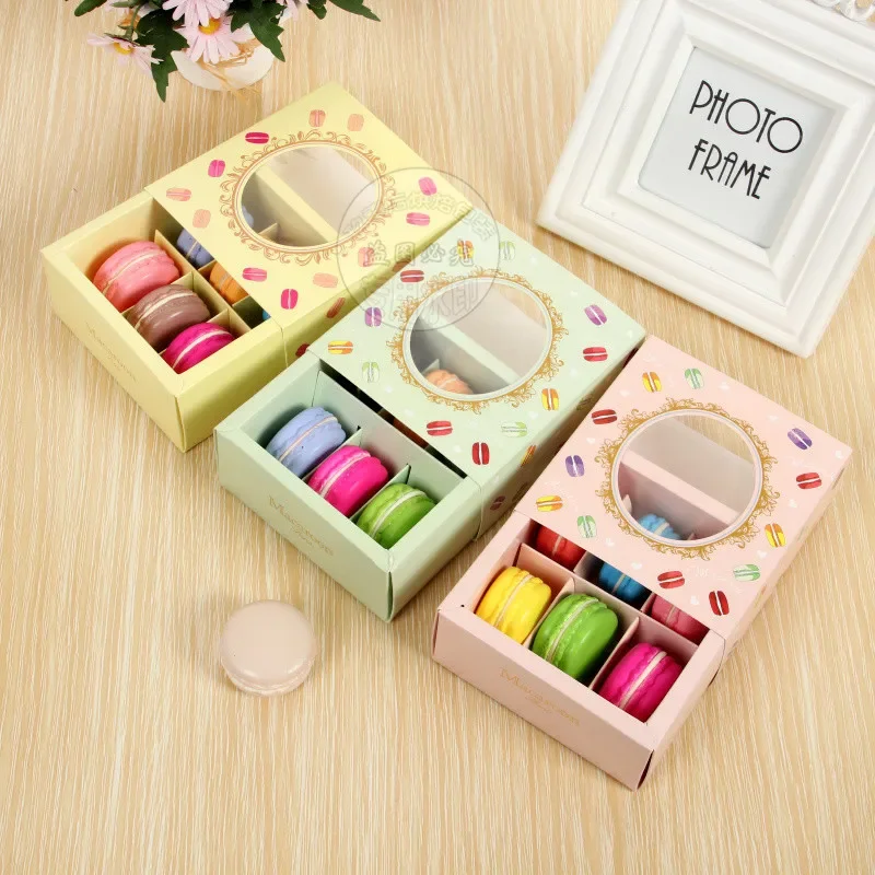 100pcs/lot Pink/green/yellow Macaron Box with Transparent Window Dessert Macarons Pastry Packaging Boxes Event Party Supplies