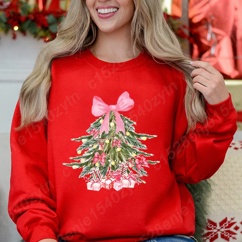 Classic Christmas Tree Print Crew Neck Long Sleeve Sweatshirt, Pink Coquette Bow Sweatshirts, Xmas Sweatshirts For Women