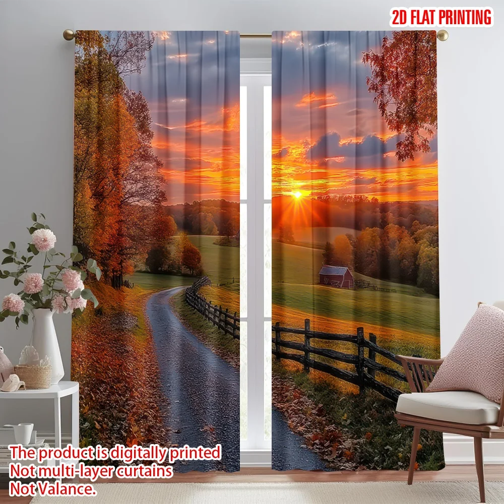 

2D flat printing 2pcs Scene Curtain Autumn Sunset Countryside Path Digital Printed Polyester Drapes Party Decorations Use for