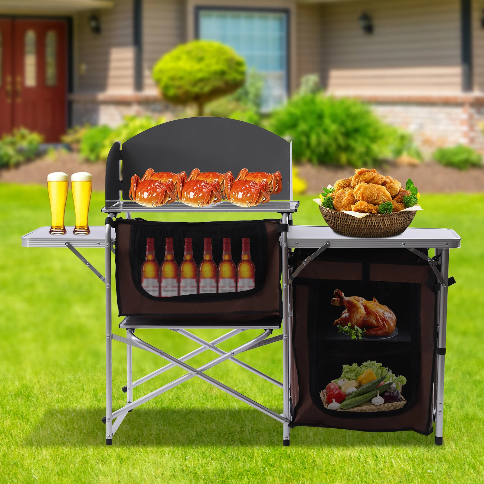 

Folding Grill Table Portable Outdoor Picnic Fishing Table with Tabletop and Detachable Windscreen