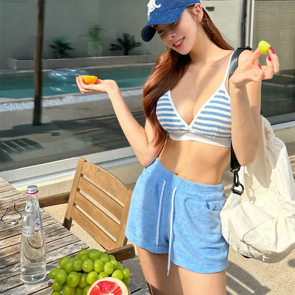 Sexy Striped Bikini ort Pants Women's Swimming Costume Towel Material Flat Angle Separate Thermal Holiday Beachwear