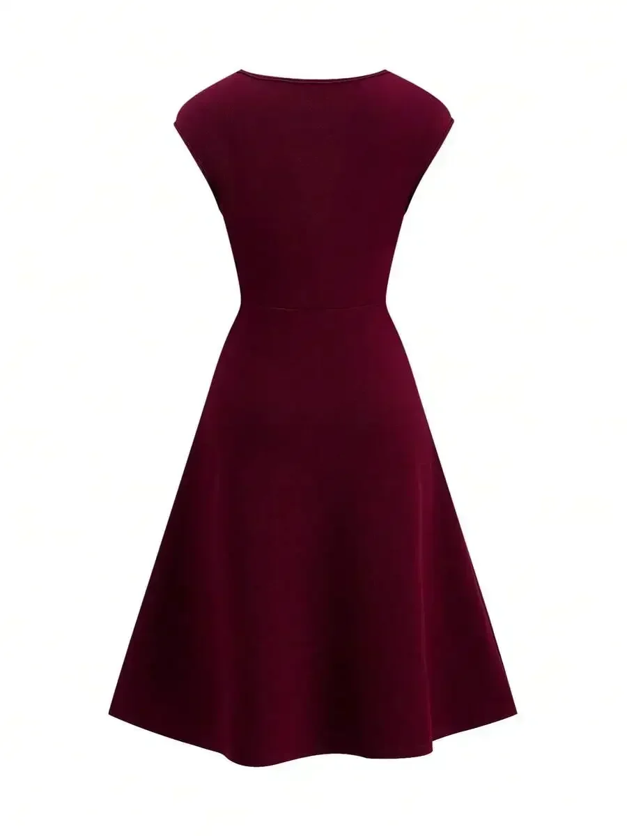 

A-Line Short Sleeve Waist Cinched Dress Burgundy For Commute And Everyday Wear