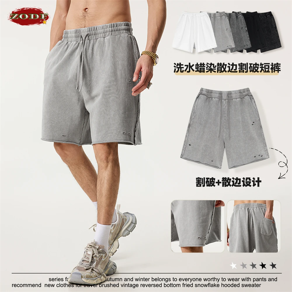 ZODF Retro 2025 Summer High Street Cotton Shorts Unisex Vintage Washed 310gsm Holes Distressed Shorts Brand Streetwears HY0985