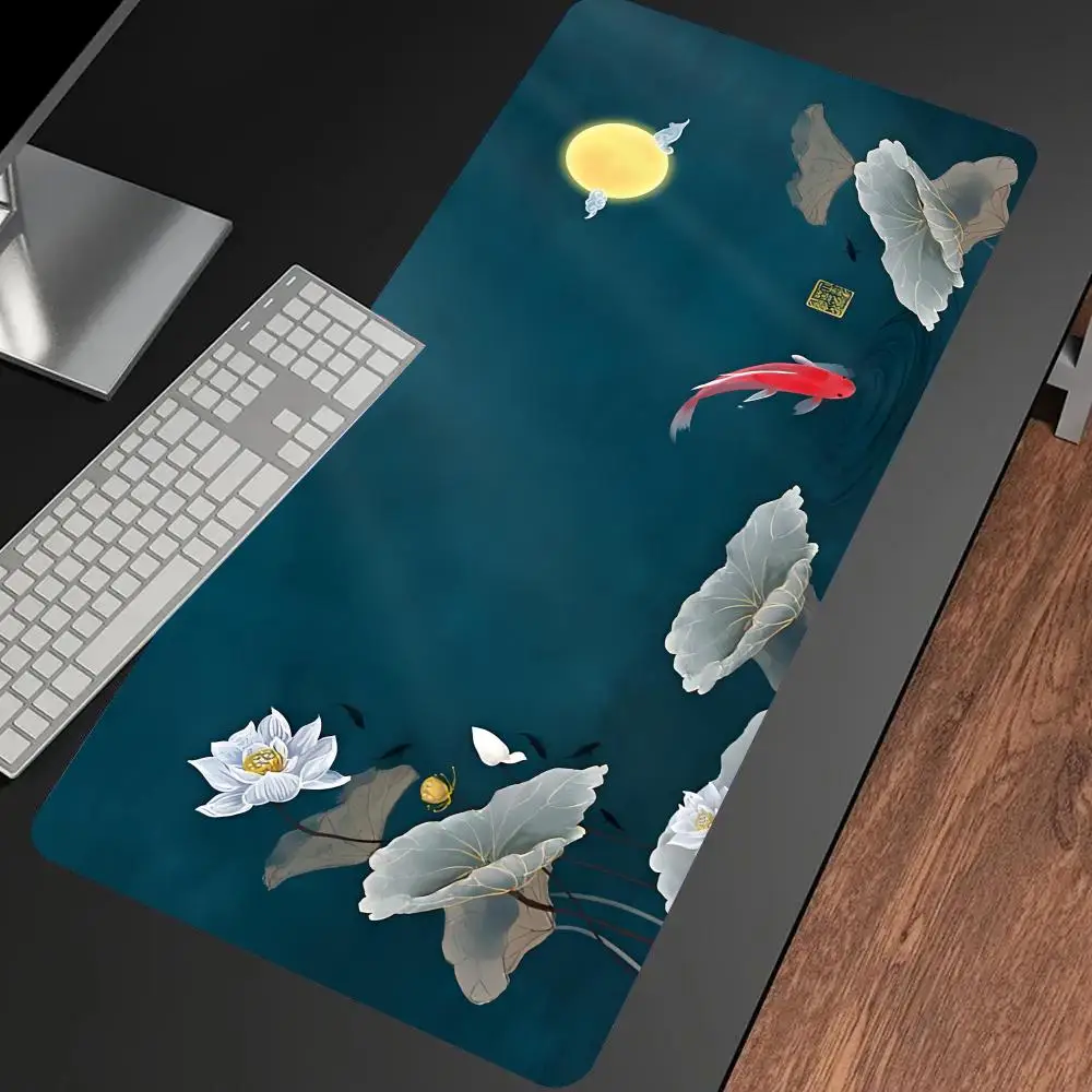 Japanese Desk Mat Green Gold Mousepad Large Koi Fish Sun Cloud Japan Art Seal Sunrise Mouse Pad XXL Dark Sunset Gaming Deskmat